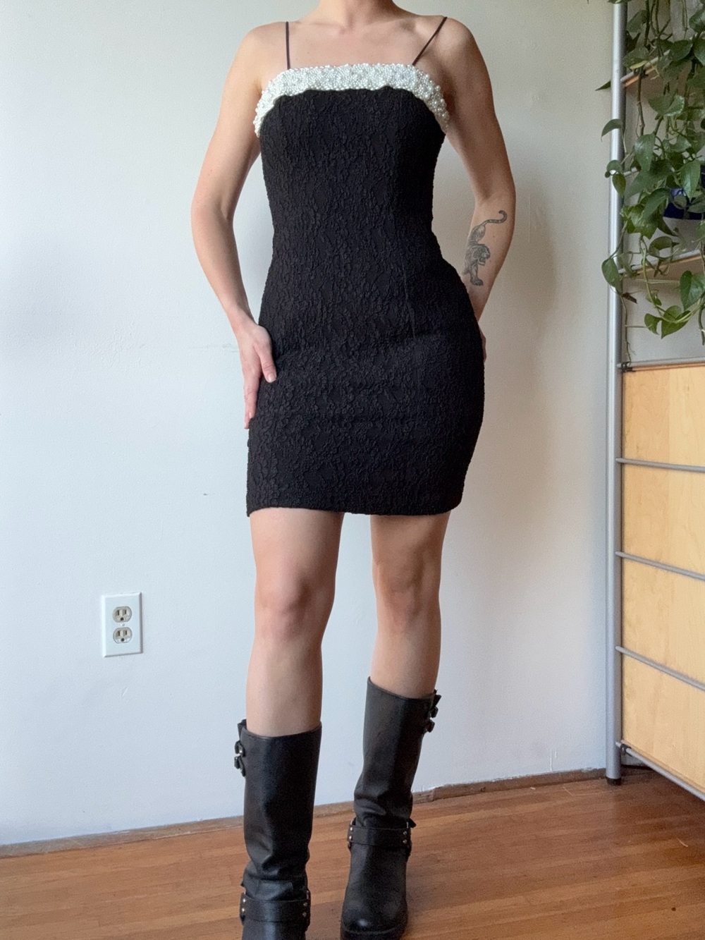 Alex Evenings vintage Black Lace Mini Dress with Pearl Trim - made in the USA